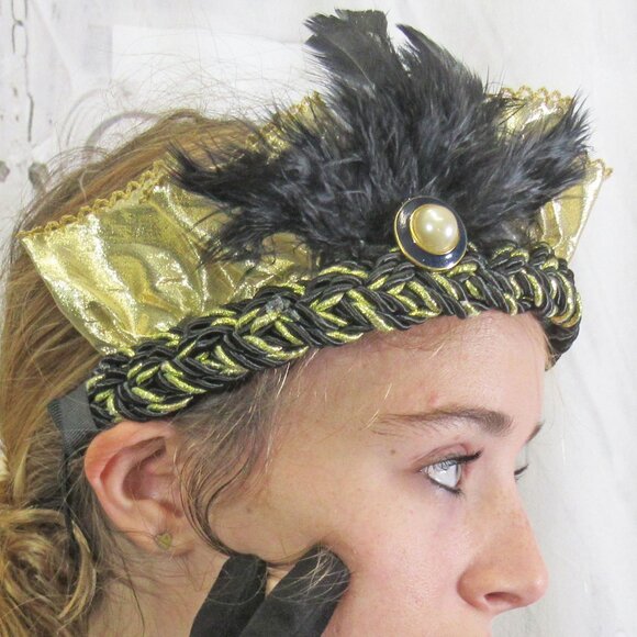Flapper style softly ruffled gold lame fabric headband on black/gold braid band - Picture 7 of 15